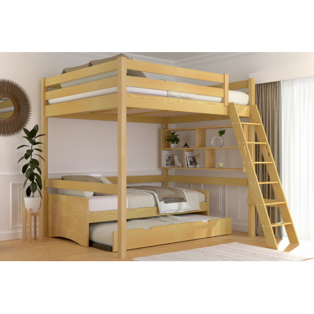 Cama alta de 160 x 200 cm de madera maciza con escalera inclinada y barniz al agua color miel