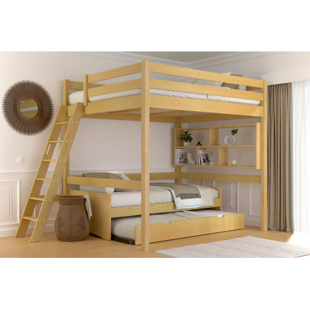 Cama alta de 160x200 de madera maciza con escalera inclinada - barniz sin disolventes miel