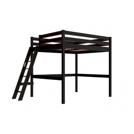 160x200 solid wood loft bed with sloping ladder, black finish