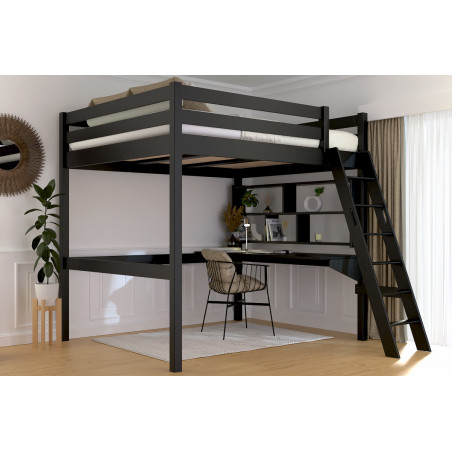 Solid wood adult loft bed with sloping ladder – black varnish