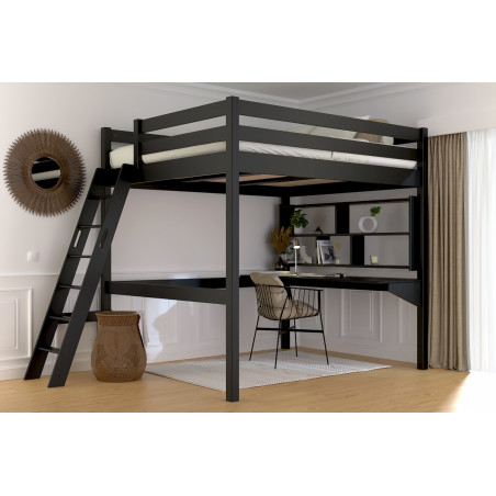 Cama doble alta de pino macizo con escalera inclinada - barniz sin disolventes negro