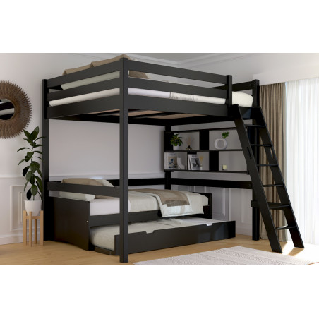 Solid wood double loft bed with sloping ladder – black water-based varnish