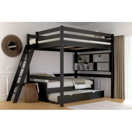 Lit mezzanine adulte en bois massif avec vernis noir – accès échelle inclinée