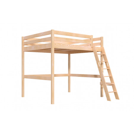 Litera de 160x200 en pino macizo barniz natural – acceso con escalera inclinada