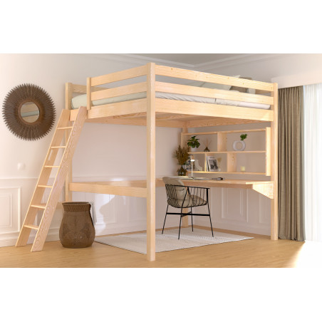 Cama alta para adultos de pino macizo y barniz natural con escalera inclinada