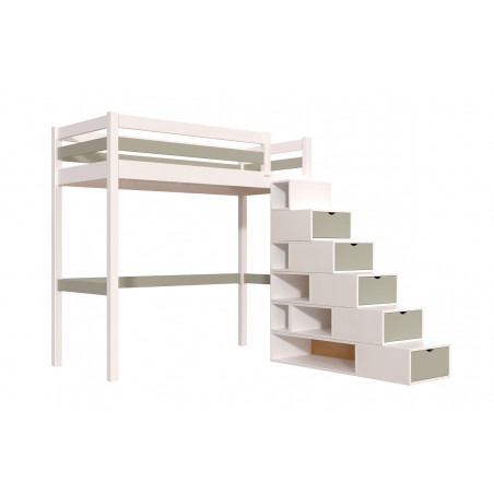 Letto a soppalco 90x200 con scala cubica e vernice bianca/moka