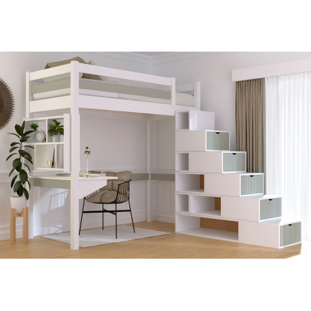 Cama alta 90x200 con escalera cúbica y barniz blanco/moka