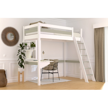 Letto a soppalco 90x200 con scala inclinata, verniciato bianco/moka