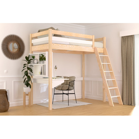 Letto a soppalco singolo con scala inclinata – bicolore (verniciato naturale/bianco)