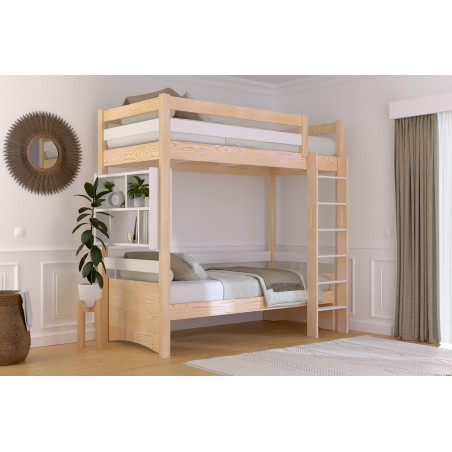 Lit en hauteur 1 place avec échelle droite – bicolore (vernis naturel/blanc)