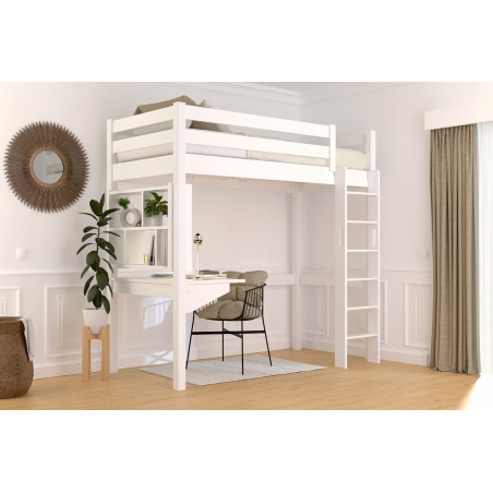 Lit hauteur en pin massif 90x200 avec échelle droite  – vernis blanc