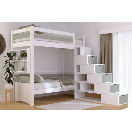 Letto rialzato con verniciatura bicolore bianco/moka – accesso tramite scala cubica