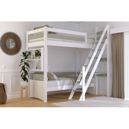 Letto a soppalco singolo con scala da mulino – vernice bicolore (bianco/moka)