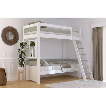 Letto a soppalco singolo con verniciatura bianca/moka – accesso tramite scala inclinata