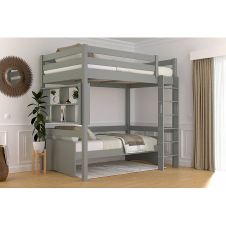 Letto rialzato in legno massiccio con scala diritta e vernice grigia