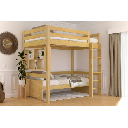 Letto rialzato in legno massiccio con scala diritta e finitura miele