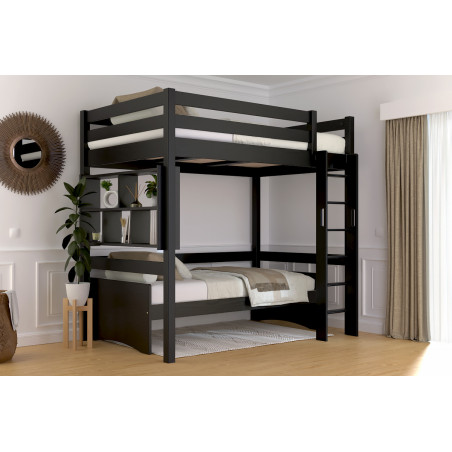 Letto rialzato in legno massello scaletta diritta con finitura nera