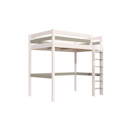 Letto rialzato in legno massello – bianco/moka con scala dritta