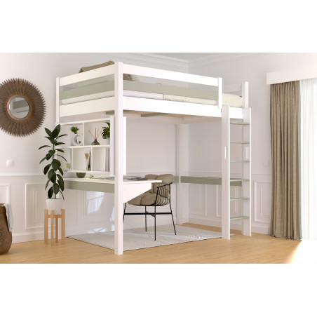 Letto rialzato per adulti con scala dritta – verniciato all'acqua bianco/moka