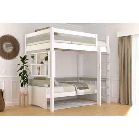 Letto rialzato in legno massello con scala dritta e verniciato bicolore bianco/moka