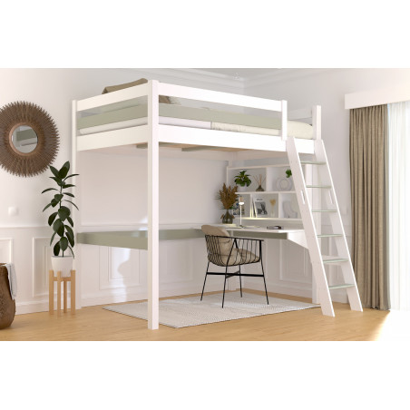 Solid wood high sleeper bed with slanted ladder and two-tone white/mocha varnish