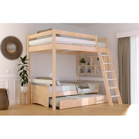 Solid wood high sleeper bed made in France with sloping ladder and two-tone varnish