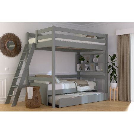 letto a soppalco in legno massiccio con scala inclinata e verniciatura grigia