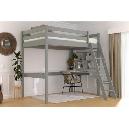 letto a soppalco con scala inclinata in pino massiccio  con vernice grigia all'acqua