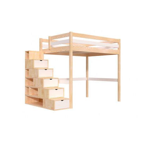 Cama doble elevada con escalera cúbica modulable en acabado bicolor (natural/blanco)