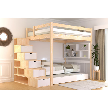 Cama alta de 2 plazas fabricada en Francia, acceso por escalera cúbica, barniz bicolor natural/blanco
