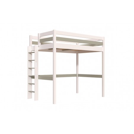 Letto rialzato bianco/moka prodotto in Francia, in legno massello, con scala diritta