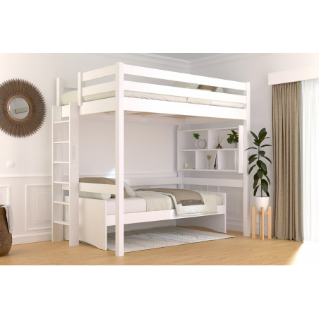 Letto rialzato in pino massiccio con scala diritta e vernice all'acqua bianca