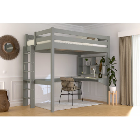 Letto rialzato con accesso tramite scaletta diritta - pino massiccio delle Landes - verniciato all'acqua satinato grigio