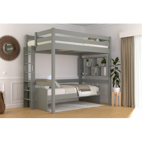 Letto rialzato in legno massiccio delle Landes - scaletta diritta - verniciato grigio