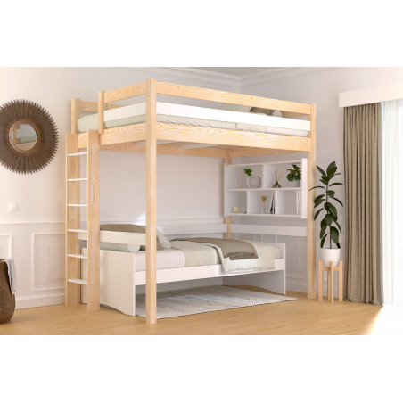 Letto rialzato verniciato naturale/bianco in legno massello con scala diritta