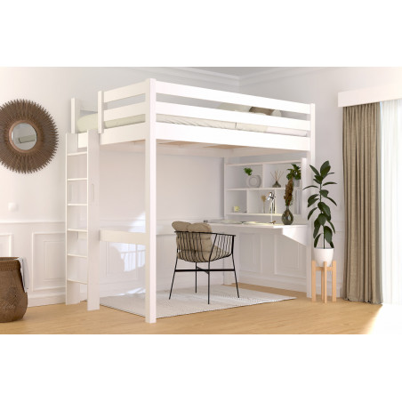 Letto rialzato in legno massello prodotto in Francia - scaletta diritta - verniciato bianco senza solventi