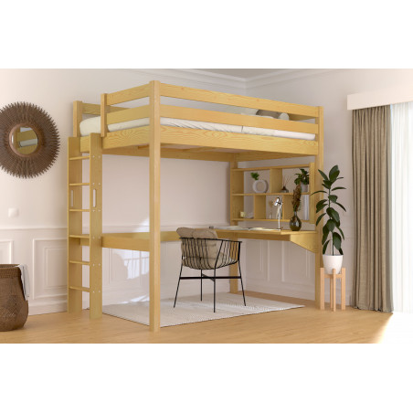 Letto rialzato in legno massello con scala diritta e verniciato all'acqua color miele