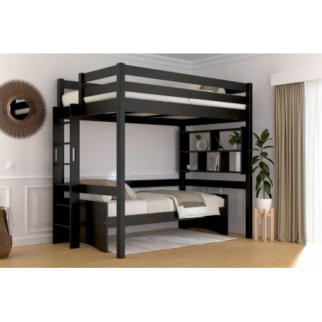 Letto rialzato in pino massello delle Landes con scaletta diritta salvaspazio – nero