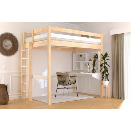 Letto rialzato 120x200 in legno massello con scaletta diritta, fabbricato in Francia, verniciato bicolore senza solventi