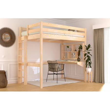 Letto rialzato in legno massello con accesso tramite scaletta diritta – verniciatura naturale all'acqua senza solventi