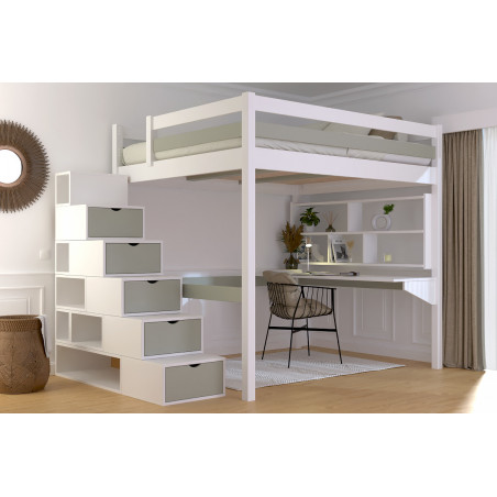 Lit en hauteur en bois massif avec accès escalier cube – vernis à l’eau bicolore (blanc/moka)