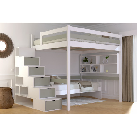 Lit 2 places en hauteur fabriqué en France en bois massif – escalier cube – vernis blanc/moka