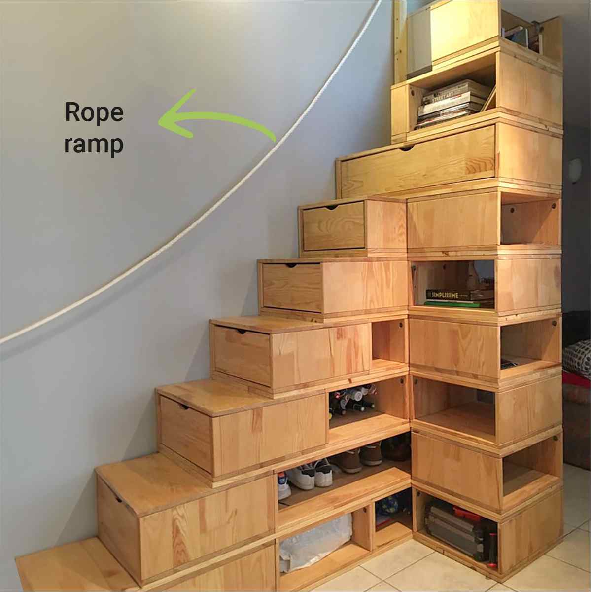Cube staircase with rope handrail