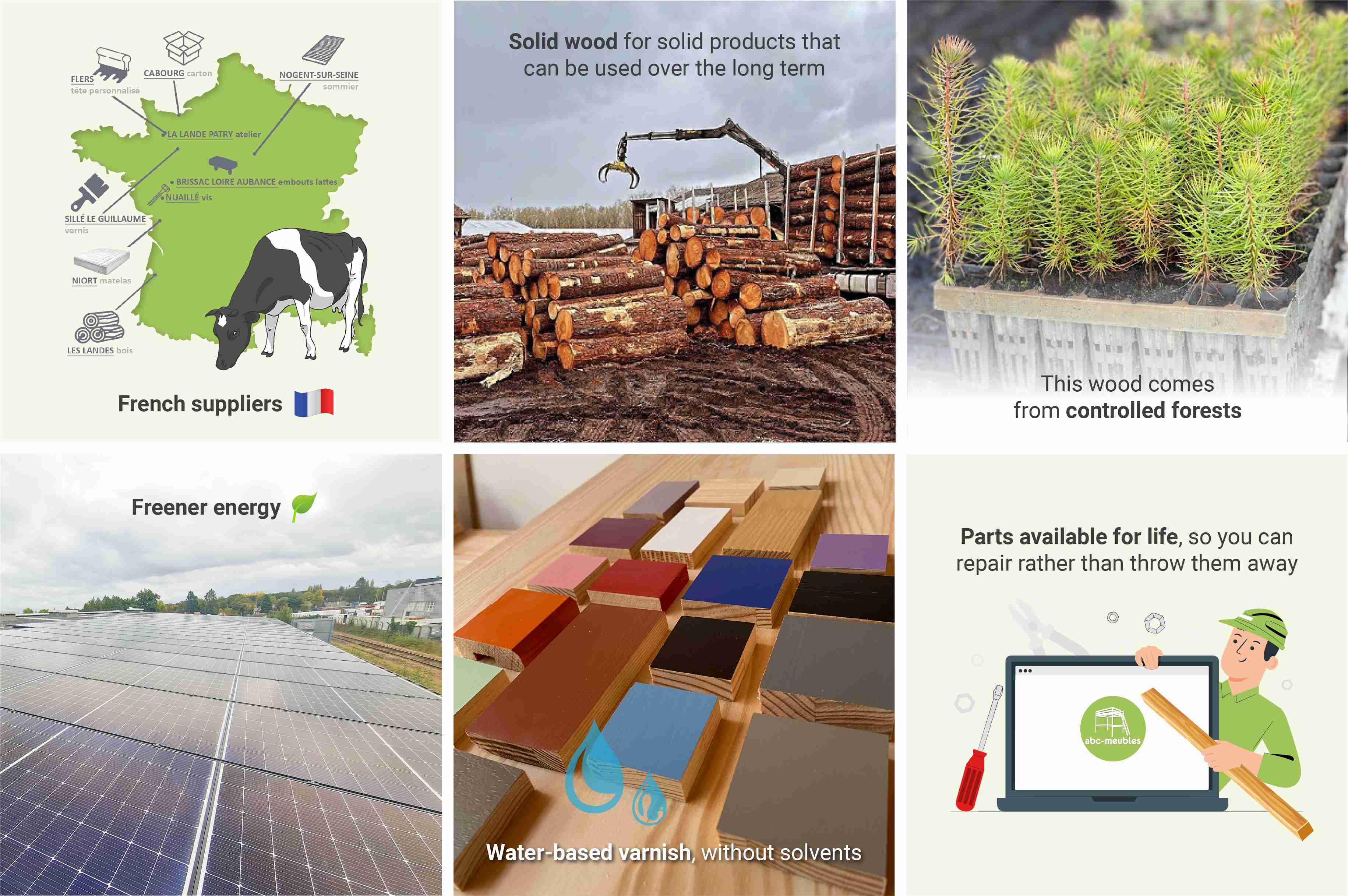 French suppliers_Solid wood from controlled forests_greener energy_water-based, solvent-free varnish_Parts available for life