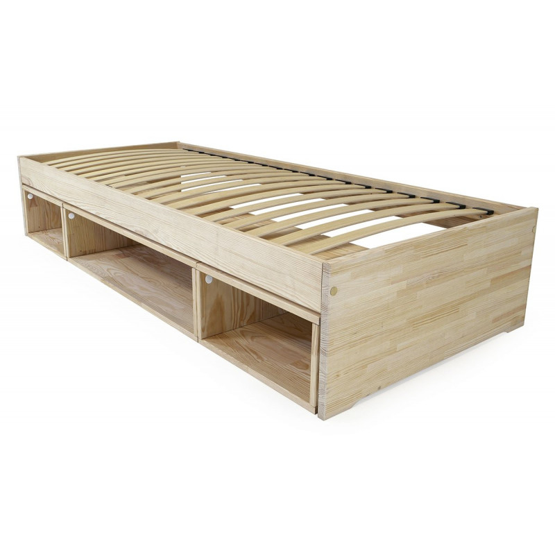 Bed 90x200 1 place storage Cube wood Maël