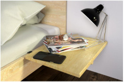 Wooden suspended bedside table with hooks