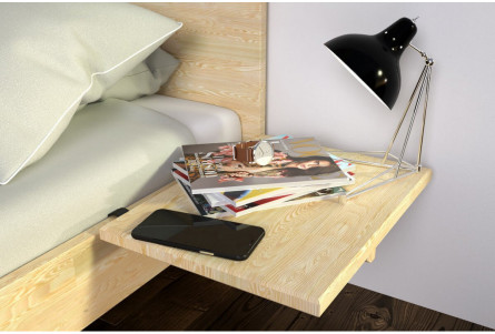 Wooden suspended bedside table with hooks