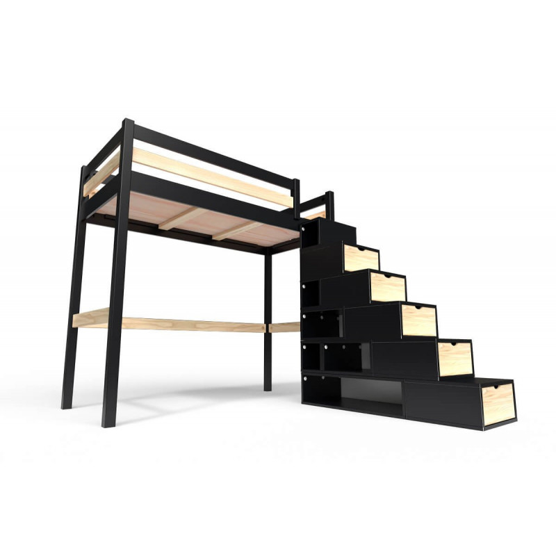 Lit Mezzanine bois avec escalier cube Sylvia - 90x200