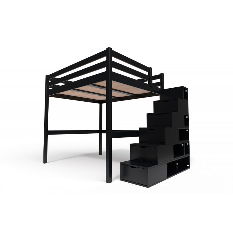 Lit Mezzanine bois avec escalier cube Sylvia - 160x200