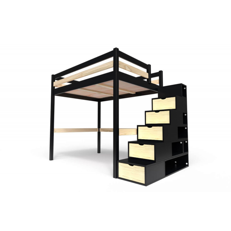 Lit Mezzanine bois avec escalier cube Sylvia - 160x200